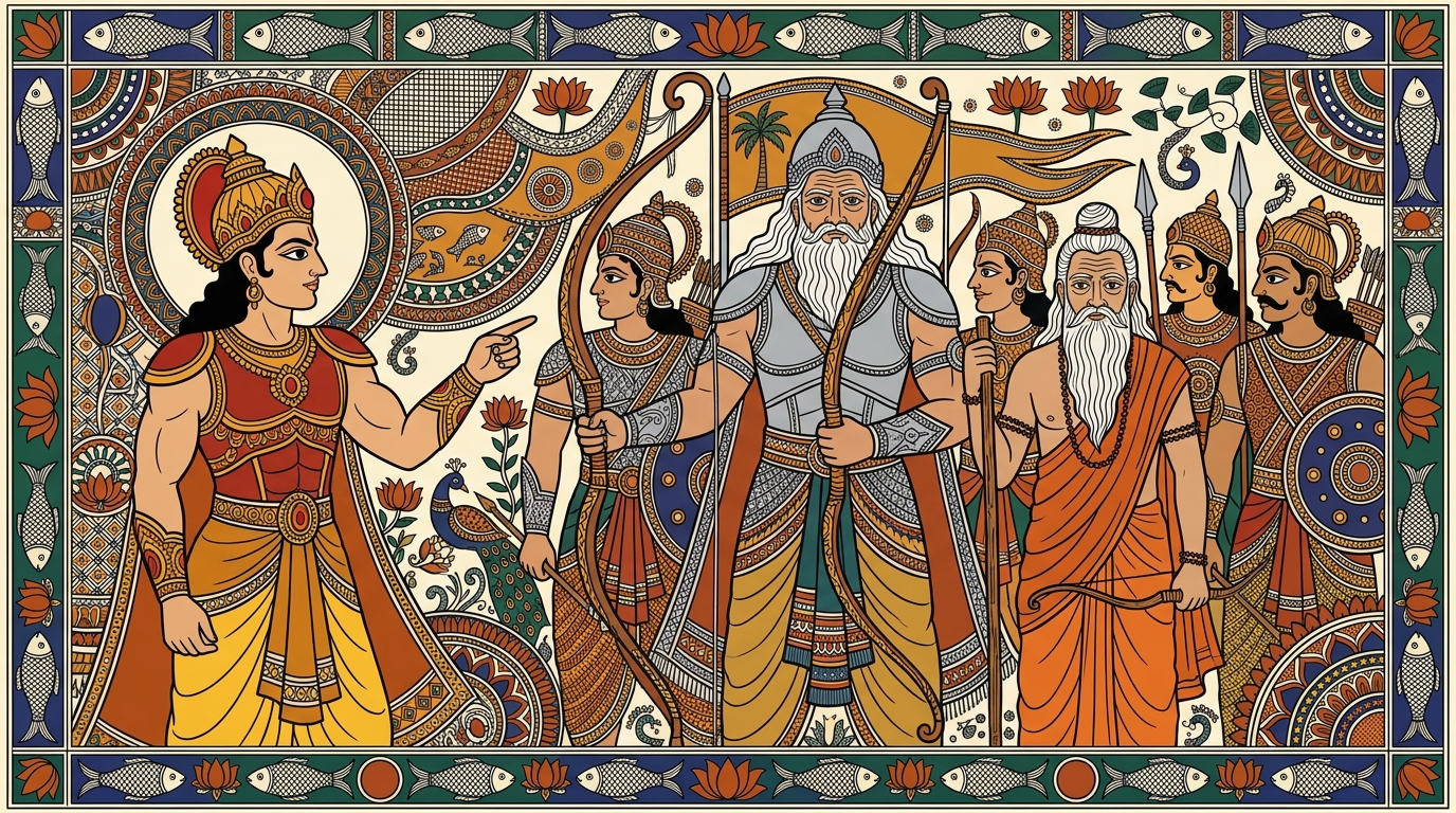 Madhubani-style painting of the great Bhishma standing tall among the Kaurava warriors, with Drona, Karna, and Kripa beside him, recalling Bhishma's ancient promise of loyalty.