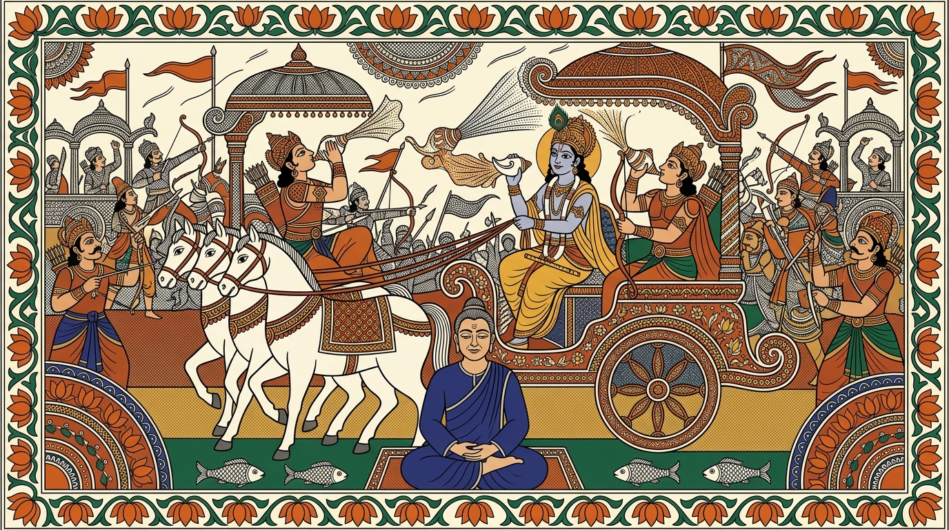Madhubani-style painting of Krishna and Arjuna seated in a magnificent chariot drawn by white horses, blowing their divine conch shells in answer to the Kaurava war drums.