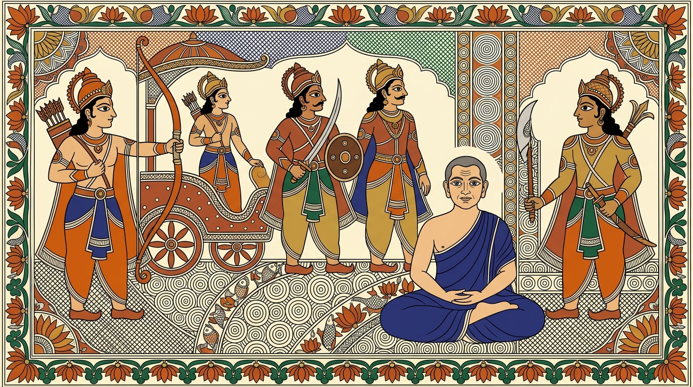 Madhubani-style painting of young Satyaki standing at attention among the Pandava warriors, remembering his training at Krishna's grounds in Dwaraka, ready for battle.
