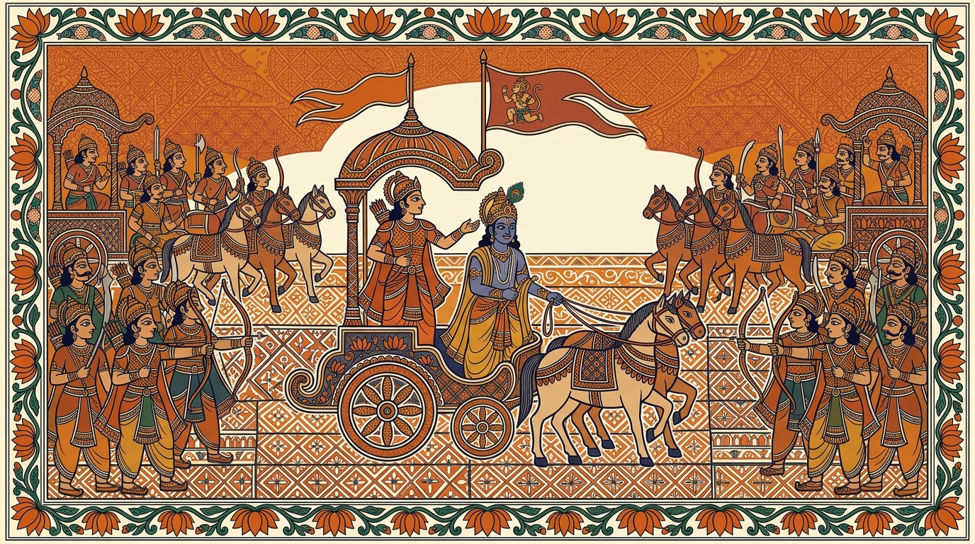 Madhubani-style painting of Arjuna asking Krishna to drive their chariot forward between the two great armies, so he can see who has come to fight.