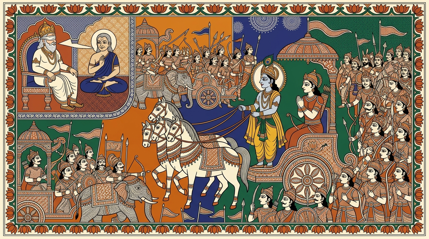 Madhubani-style painting of Krishna silently guiding the chariot to the centre of the battlefield, stationing it between the two vast armies without a word.
