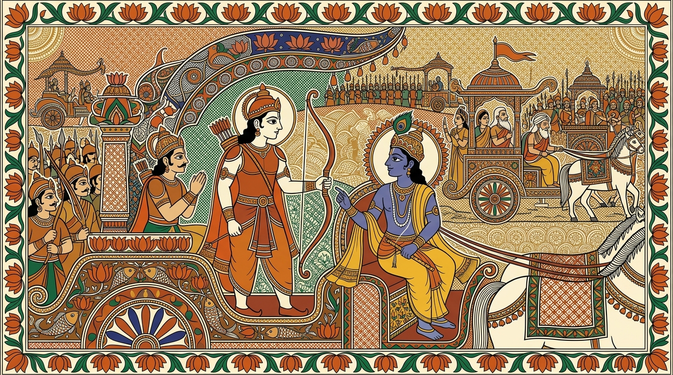 Madhubani-style painting of Arjuna's body failing him as he sees his kinsmen ready to fight — his limbs weakening, his mouth drying, his face pale with dread.