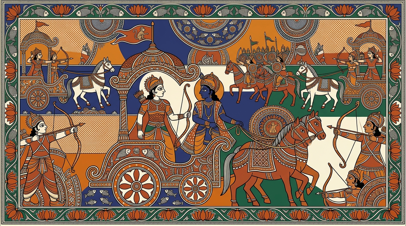 Madhubani-style painting of Arjuna's hands trembling as the great bow Gandiva slips from his grip, his hair standing on end, his skin burning with anguish.