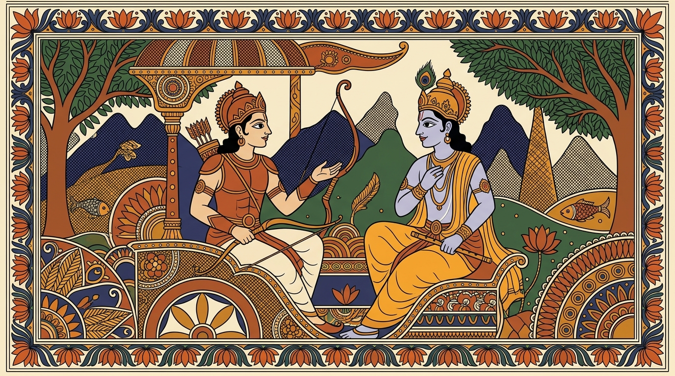 Madhubani-style painting of Arjuna turning away from the battlefield, declaring he has no desire for victory, kingdom, or pleasures — all of it feels meaningless.