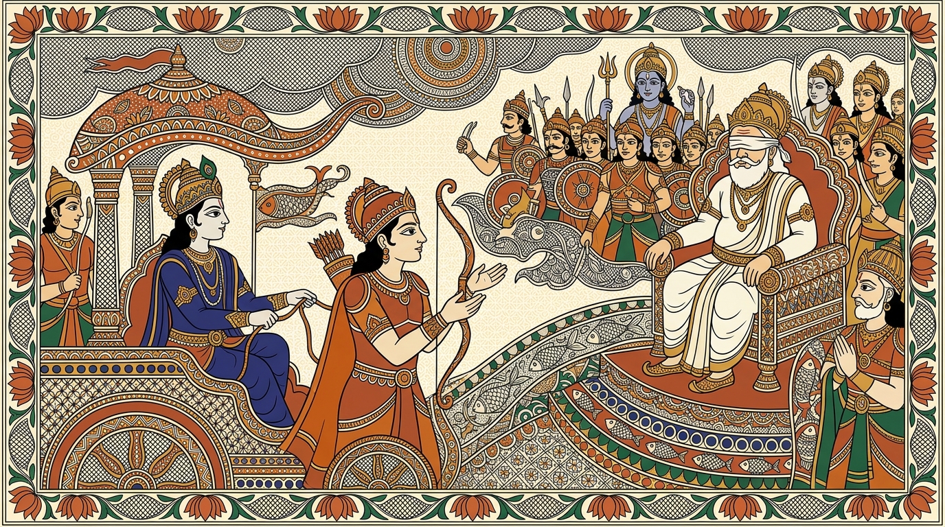 Madhubani-style painting of Arjuna questioning Krishna with anguish — how can killing one's own relatives ever lead to happiness? His face shows a question with no good answer.