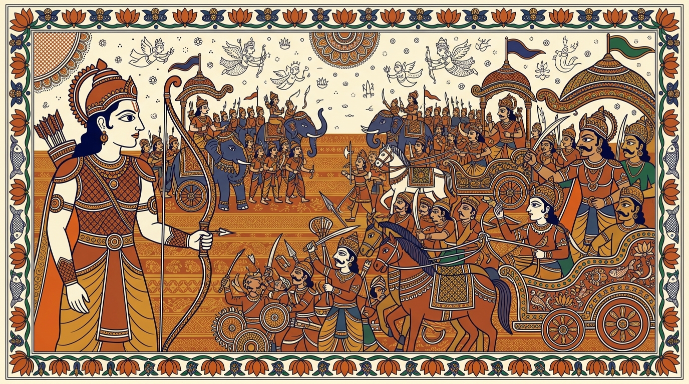 Madhubani-style painting of Arjuna warning that even though the greedy Kauravas see no wrong in destroying a family, those with open eyes can see the evil clearly.