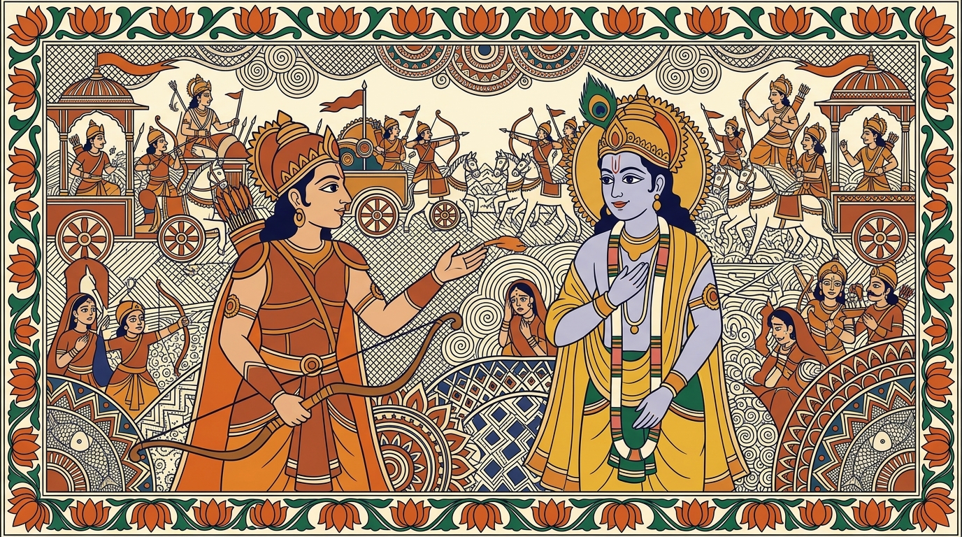 Madhubani-style painting of a perfectly still lake disturbed by a single stone, illustrating Arjuna's warning that one act of destruction spreads chaos through the whole family like ripples.