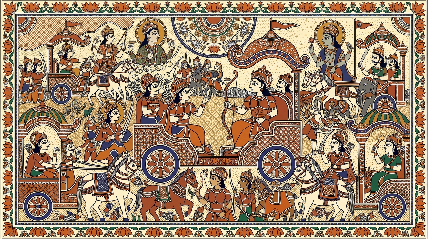 Madhubani-style painting of Arjuna listening to the echo of his grandmother's words, recalling the teaching that those who destroy family dharma must dwell in darkness.
