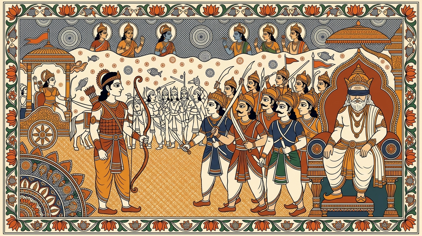 Madhubani-style painting of Arjuna standing completely still on the battlefield, declaring it would be better to be killed unarmed and unresisting than to fight his family.