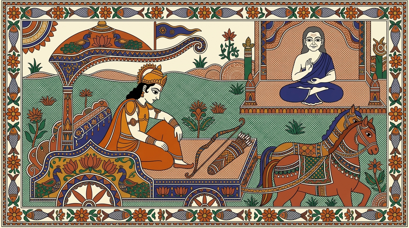 Madhubani-style painting of Arjuna casting aside his bow and arrows and sinking onto the seat of his chariot, his body collapsing under the weight of grief.
