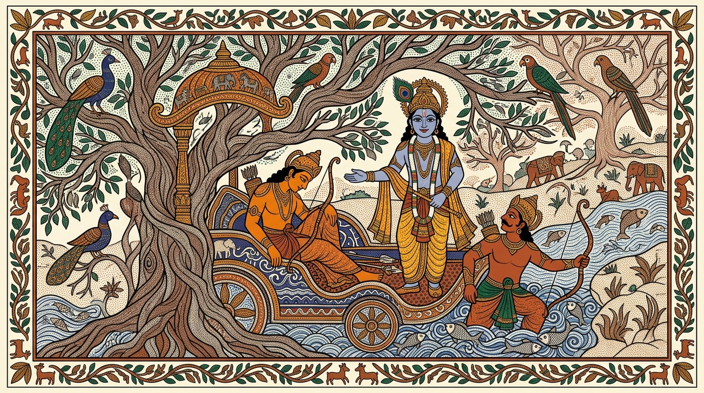 Gond-style painting of Krishna standing tall and commanding Arjuna to cast off faint-heartedness and arise, calling him by two fierce names — Partha and scorcher of foes.