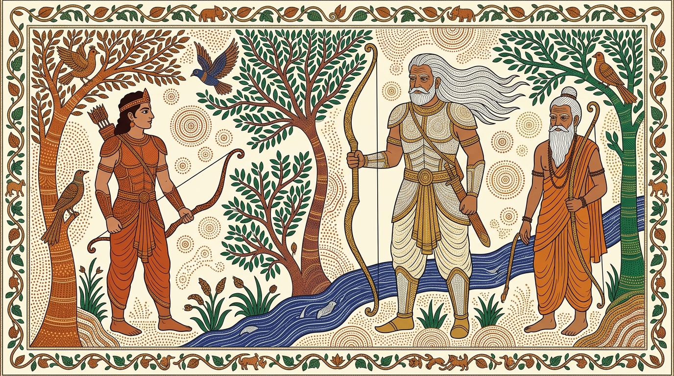 Gond-style painting of Arjuna looking across the battlefield at Bhishma and Drona, asking Krishna how he can raise arrows against the very teachers he worships.