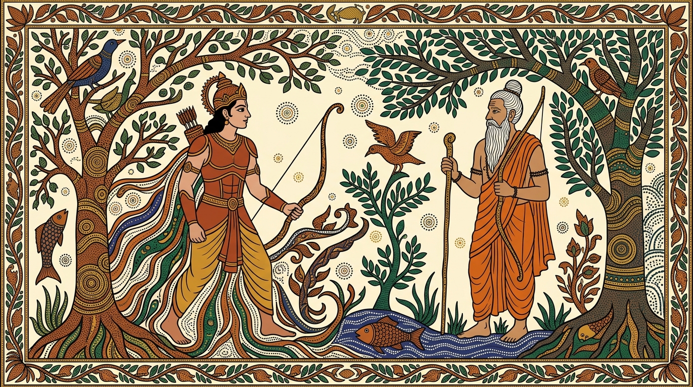 Gond-style painting of Arjuna torn between duty and devotion, saying he would rather beg for food than slay his great-souled teachers whose gifts are stained with blood.
