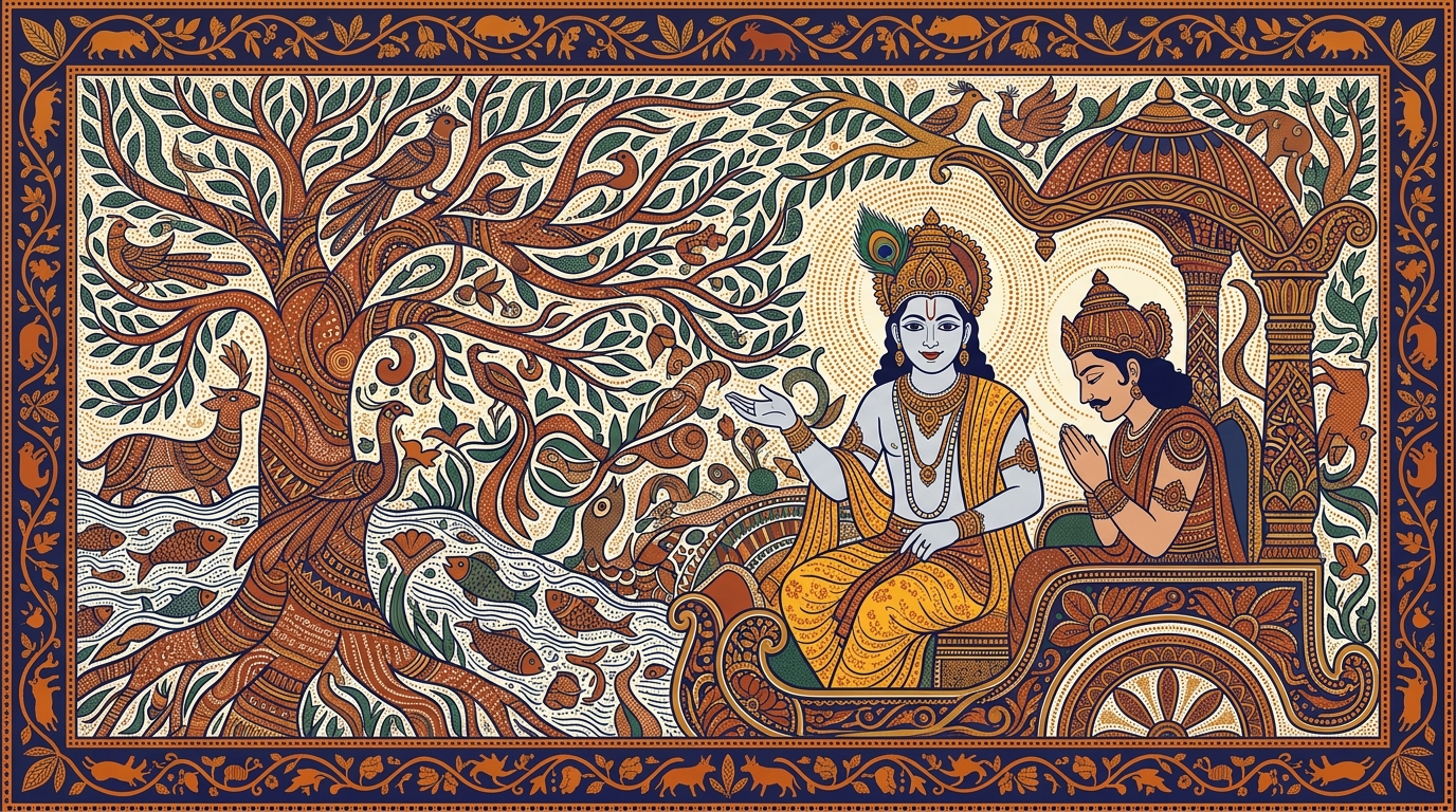 Gond-style painting of Krishna beginning his great teaching, telling Arjuna that the truly wise grieve neither for the living nor for the dead.