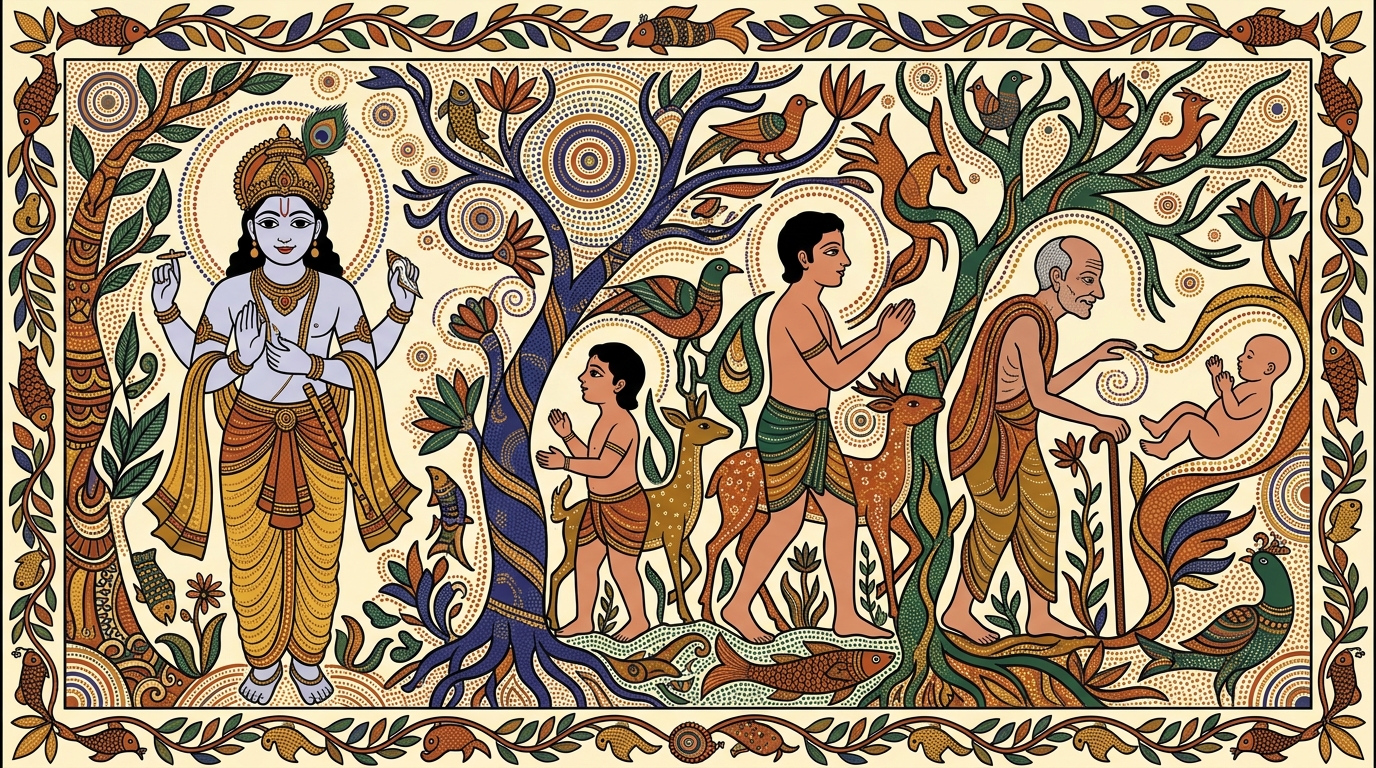 Gond-style painting of a tin biscuit box holding old photographs showing a person at different ages — child, youth, and elder — illustrating how the soul passes through bodies.