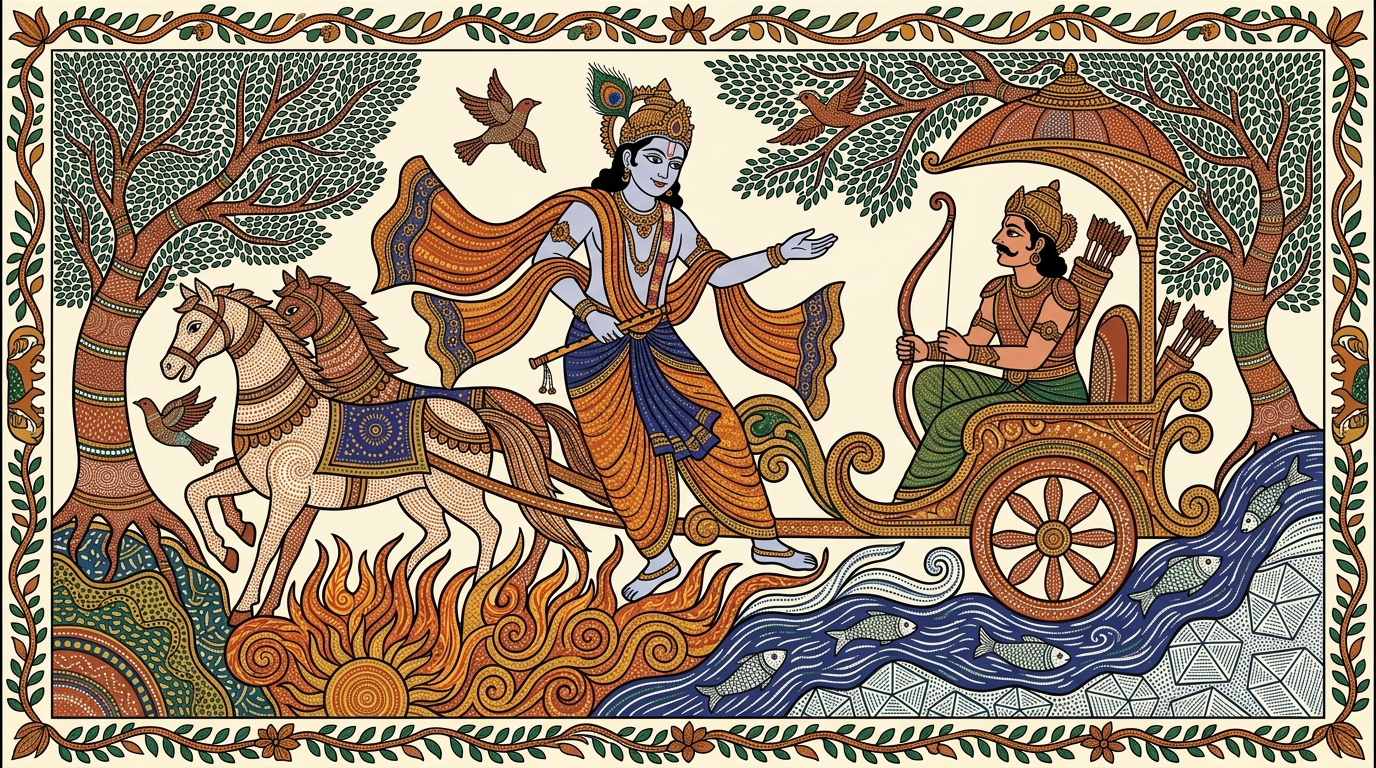 Gond-style painting of a hot iron tawa being touched by a child's hand on a burning May day, illustrating how sense-contact brings fleeting pain and pleasure that must simply be endured.