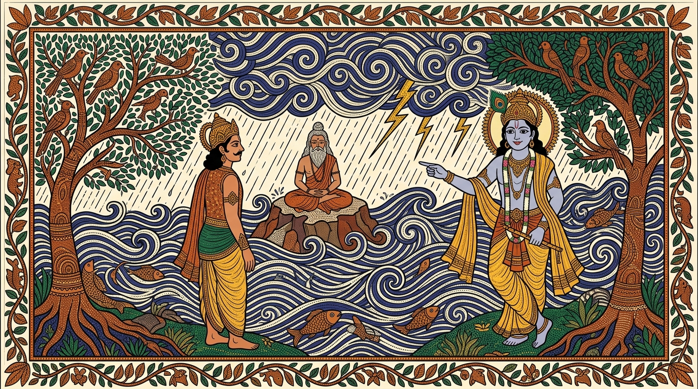 Gond-style painting of a sage standing unmoved in the foothills of the Himalayas as a hundred-year storm rages around him, equal in pleasure and pain.
