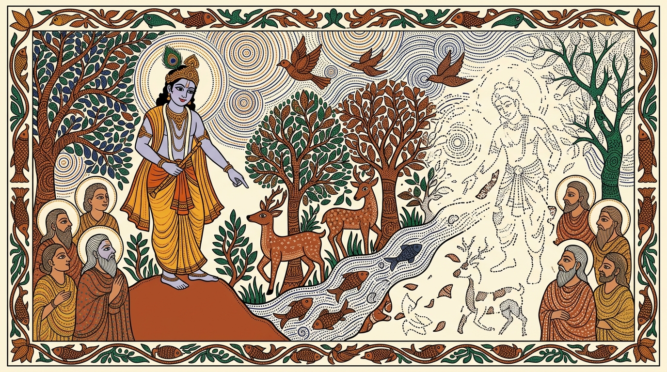 Gond-style painting of Krishna stepping down from the chariot and drawing a line in the sand, teaching Arjuna the difference between the real and the unreal.