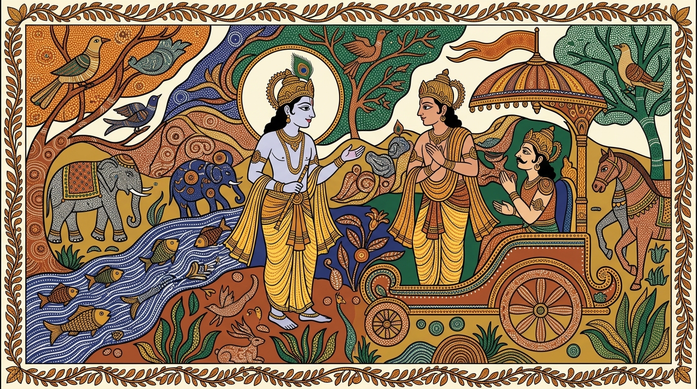 Gond-style painting of Krishna pausing to let Arjuna absorb the question: how can someone who knows the soul is indestructible cause anyone to be slain?
