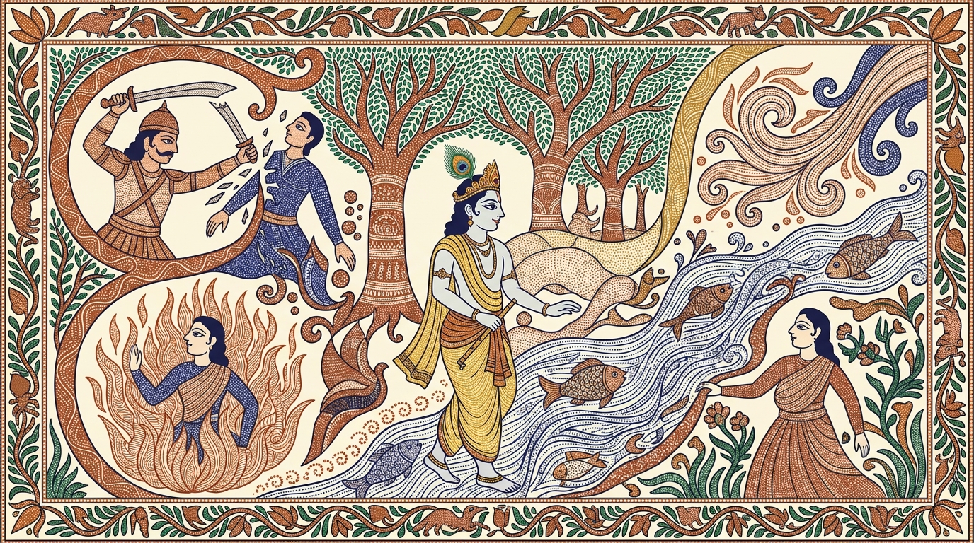 Gond-style painting of Krishna raising his hand toward the rising sun, declaring that weapons cannot cut the soul, fire cannot burn it, water cannot wet it, and wind cannot dry it.