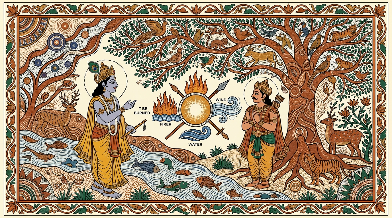 Gond-style painting of eight old glass jars of pigments on a shelf, illustrating the soul's qualities — unbreakable, eternal, all-pervading, stable, and immovable.