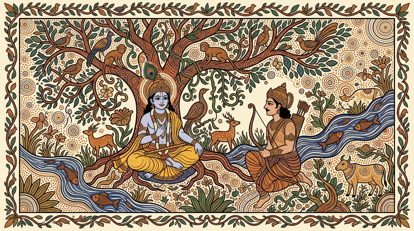 Gond-style painting of a quiet evening scene with eyes closed, illustrating Krishna's teaching that the soul is invisible and unthinkable, and therefore there is no cause for grief.