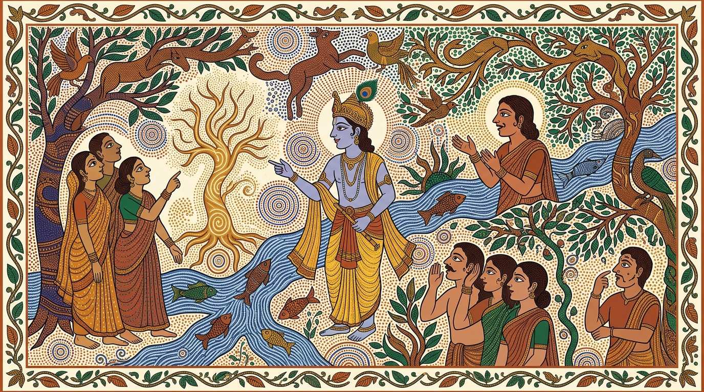 Gond-style painting of Krishna's voice dropping to a whisper as he speaks of the wonder of the soul — some see it as a marvel, some speak of it, yet none truly understands it.