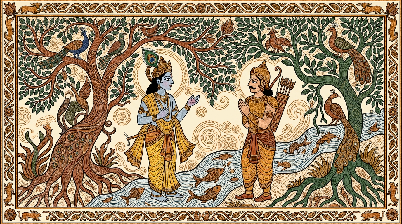Gond-style painting of Krishna standing firm and letting silence hold for three breaths, declaring that the soul in every being is eternally indestructible.