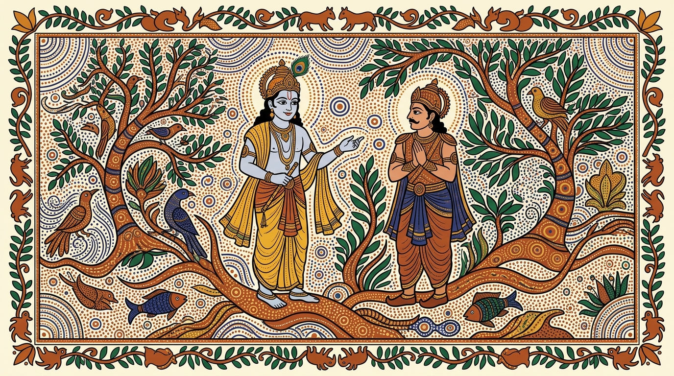 Gond-style painting of Krishna's tone changing as he reminds Arjuna of his dharma as a warrior, telling him that a righteous battle is the greatest calling for a Kshatriya.