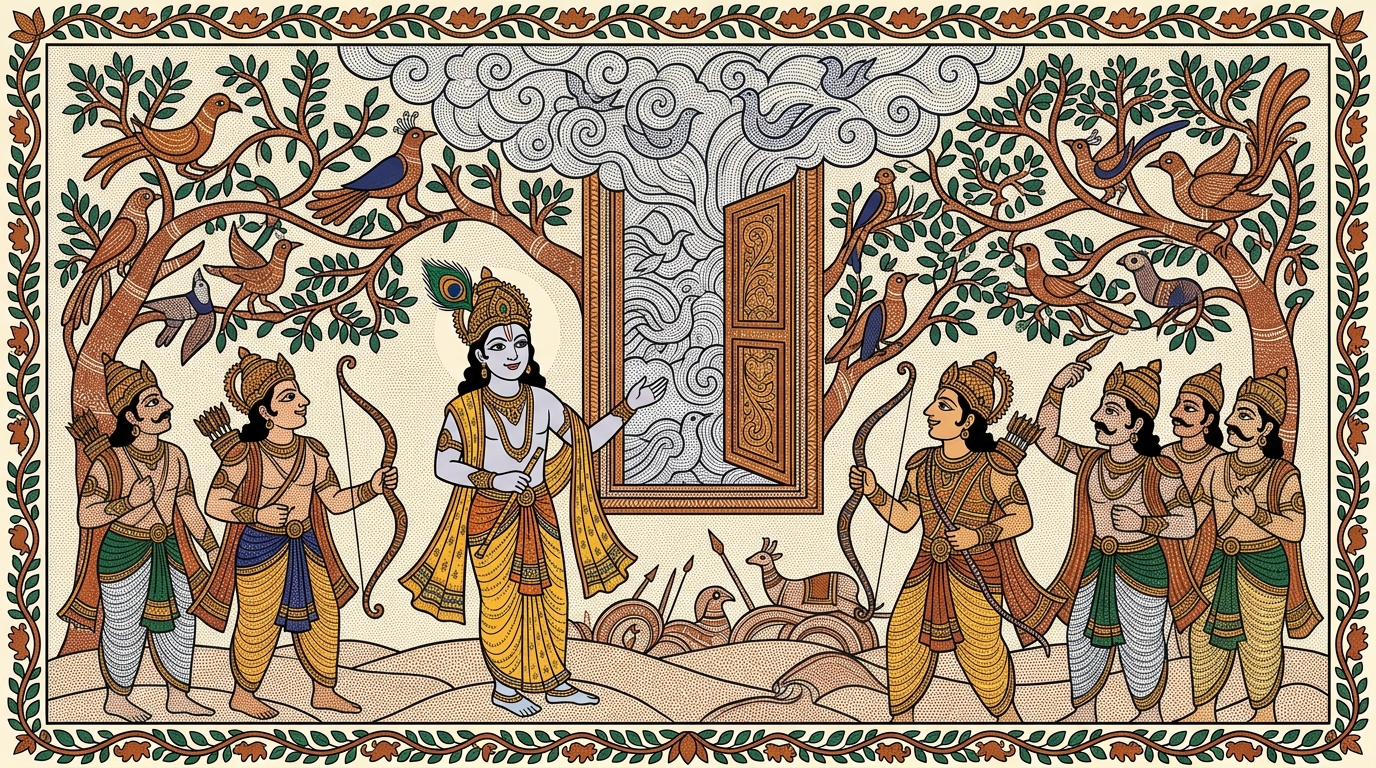 Gond-style painting of Krishna leaning forward with urgency, telling Arjuna that a righteous battle that comes unsought is like a door to heaven opening by itself.