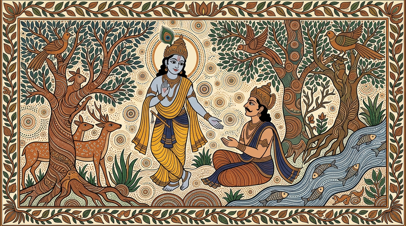 Gond-style painting of Krishna speaking quietly but intensely, warning Arjuna that for a person of honour, eternal dishonour is worse than death itself.