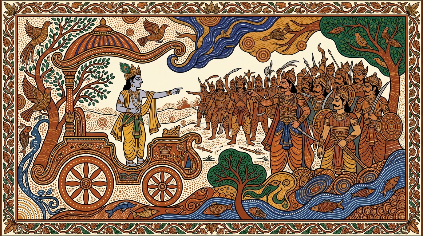 Gond-style painting of an empty chariot on the battlefield, illustrating Krishna's warning that great warriors will think Arjuna fled from fear and hold him in contempt.