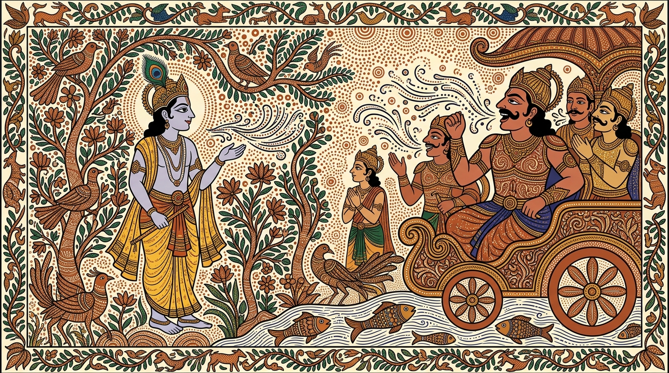 Gond-style painting of Duryodhana laughing in the distance, illustrating Krishna's warning that enemies will speak unspeakable words scorning Arjuna's strength.