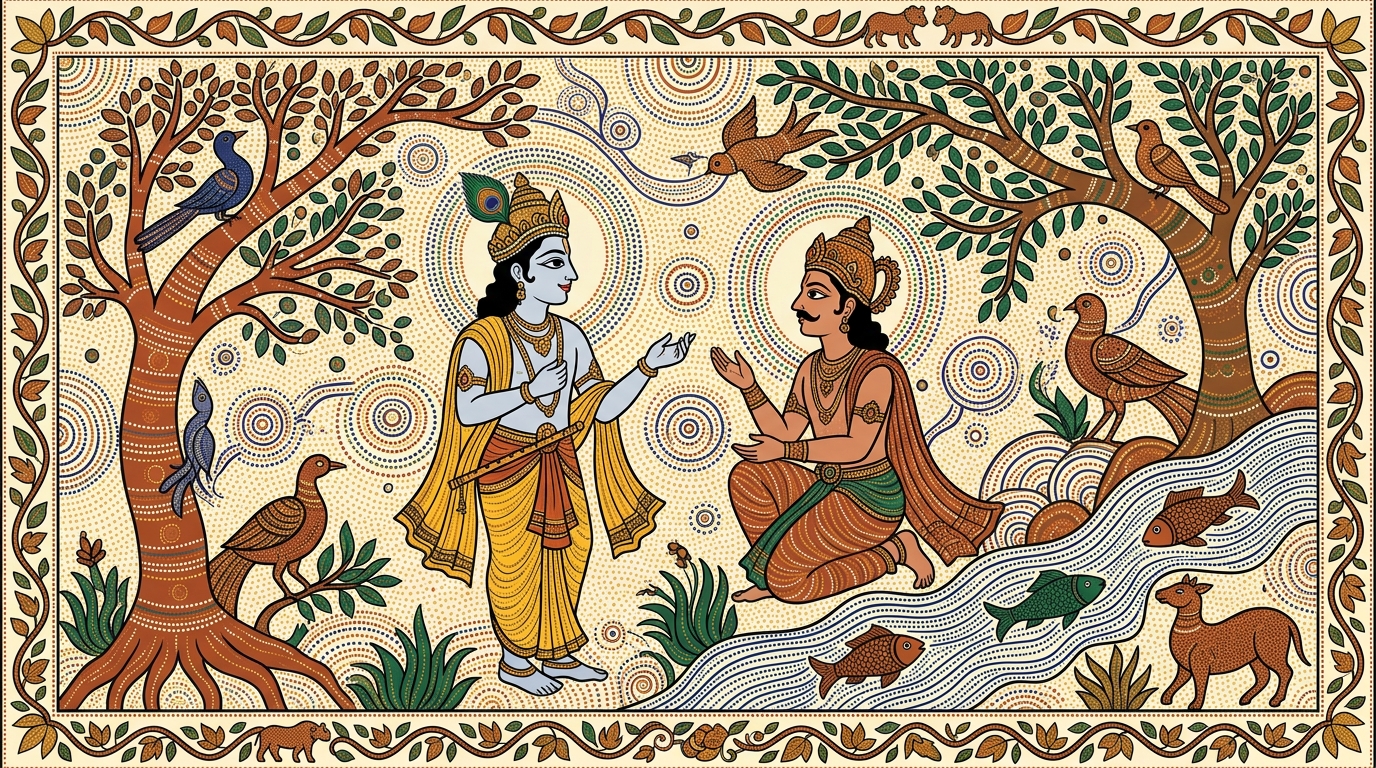 Gond-style painting of colourful kites battling in the sky during Makar Sankranti, illustrating Krishna's teaching to treat pleasure and pain, victory and defeat, as equal.