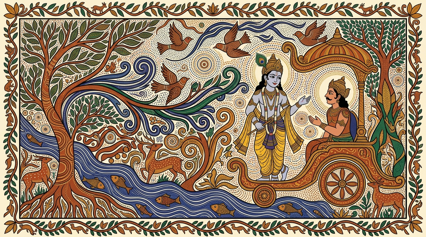 Gond-style painting of a grandmother teaching her grandson about pigments and painting, illustrating Krishna's transition from teaching knowledge to teaching the yoga of selfless action.