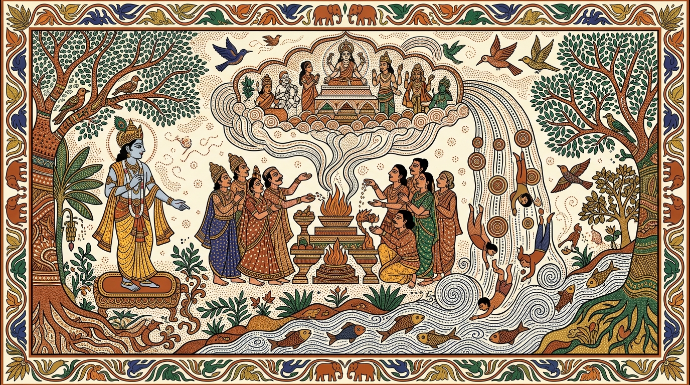 Gond-style painting of a man named Somadatta reaching a glittering heaven only to fall back to earth, illustrating how rituals aimed at pleasure and power lead only to rebirth.