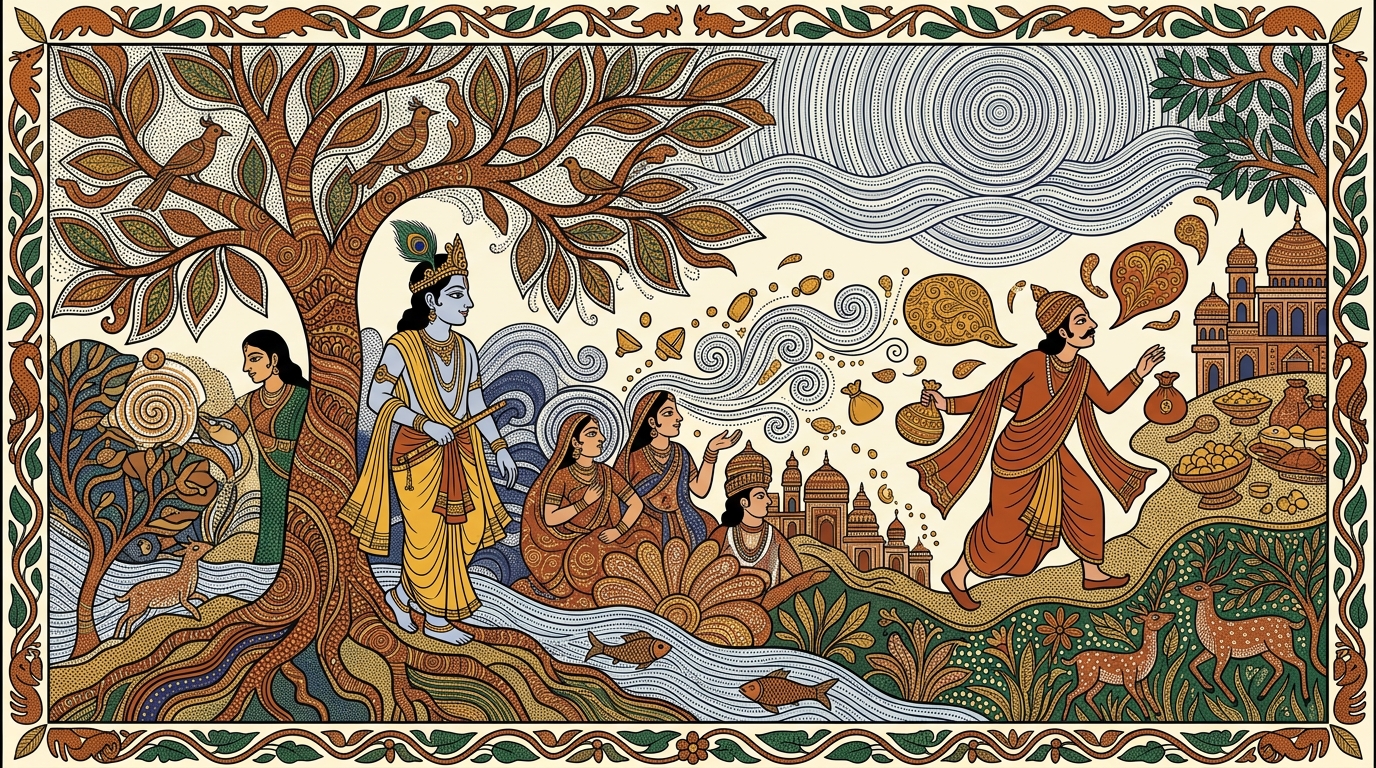 Gond-style painting of Krishna building his argument brick by brick like a mason, showing how minds carried away by talk of pleasure and power can never find steady wisdom.