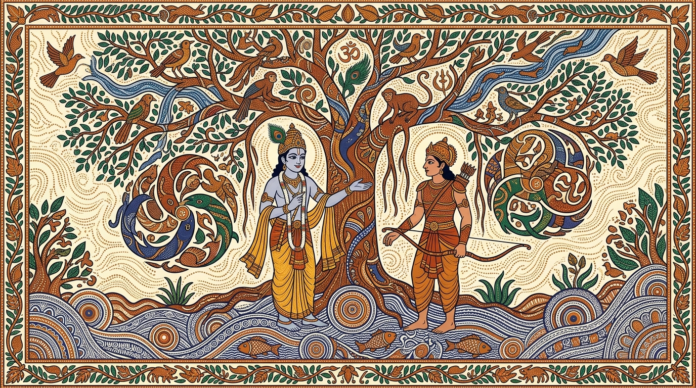 Gond-style painting of Krishna doing something unexpected on the battlefield, urging Arjuna to graduate beyond the three gunas of the Vedas and be established in the Self.