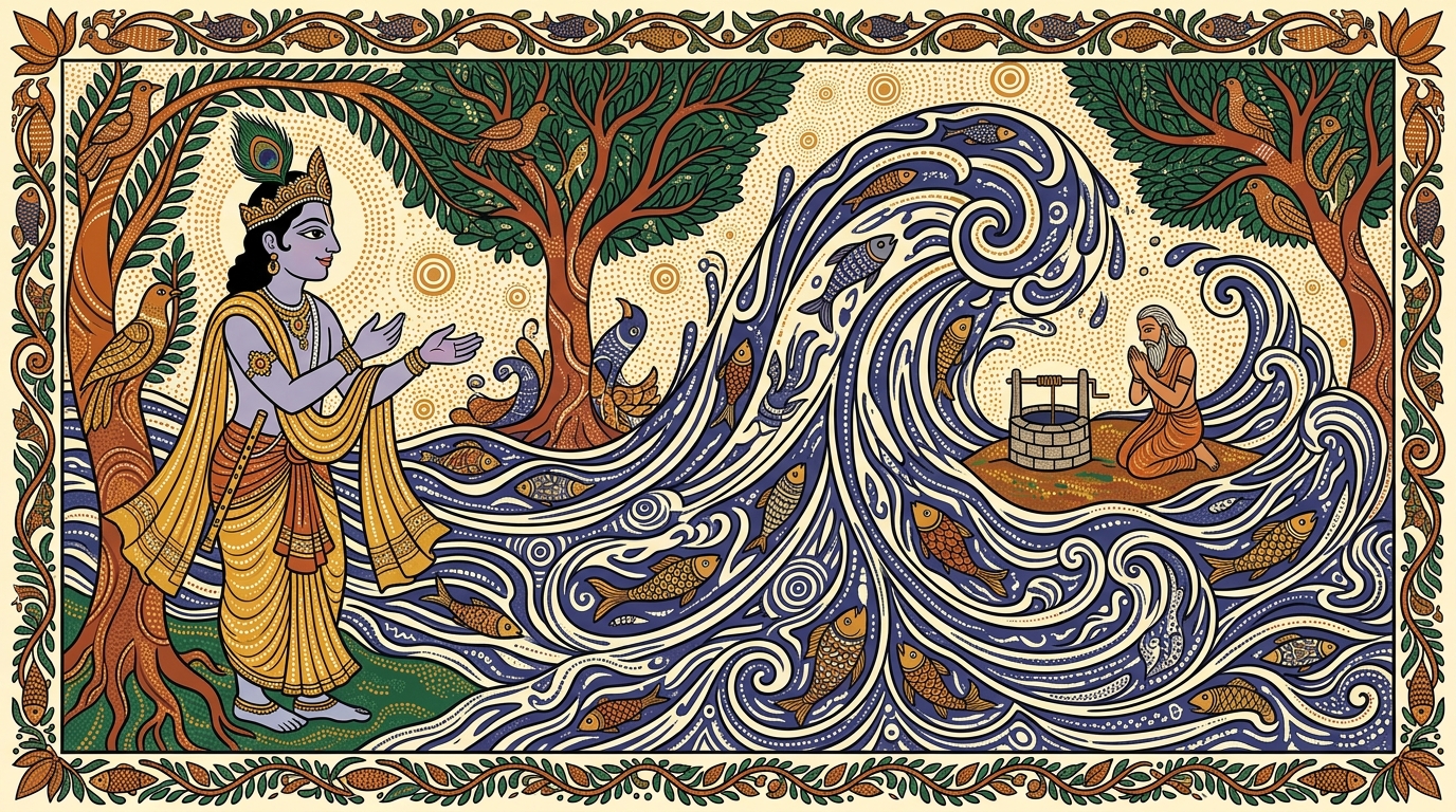 Gond-style painting of a monsoon flooding the villages near Bhopal, turning every small well into an overflowing pool — illustrating how all the Vedas become unnecessary to one who knows the truth.