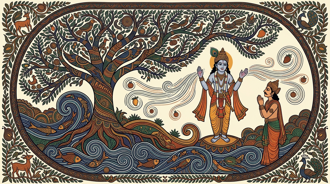 Gond-style painting of a pivotal moment on the battlefield as Krishna delivers the most famous verse of the Gita — you have a right to action alone, never to its fruits.