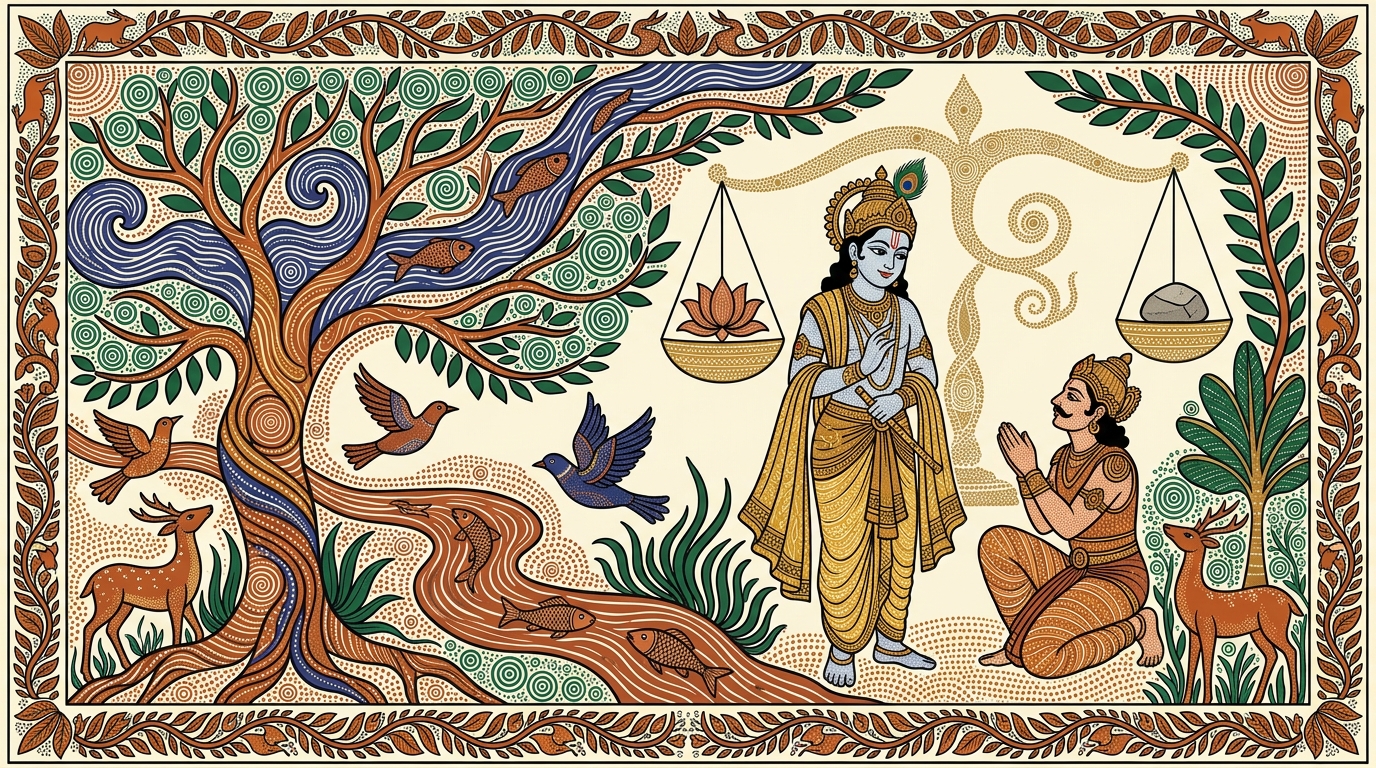 Gond-style painting of Krishna defining yoga for the first time, telling Arjuna to perform action with equanimity in success and failure, established in balance.