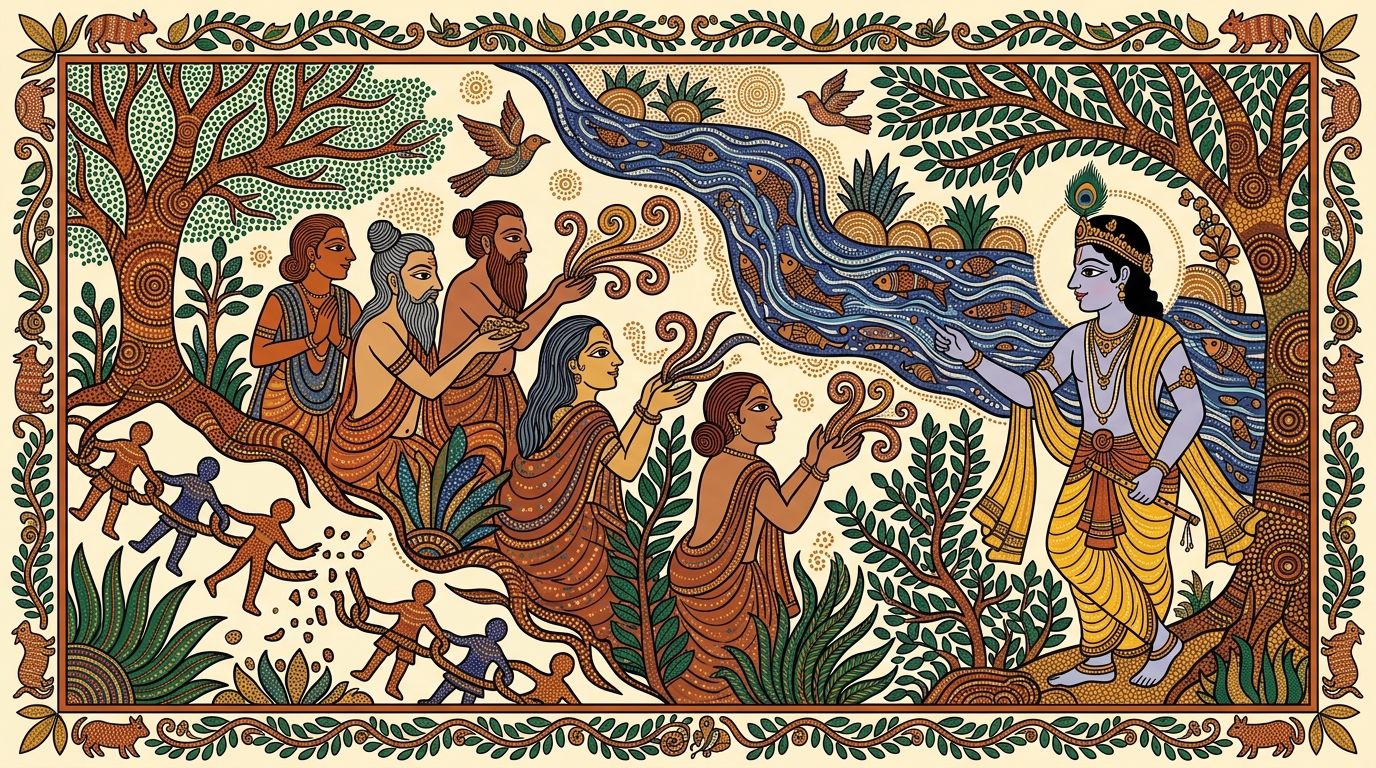 Gond-style painting of a chain being broken and a river flowing freely, illustrating how the wise renounce the fruits of action and are freed from the bondage of rebirth.