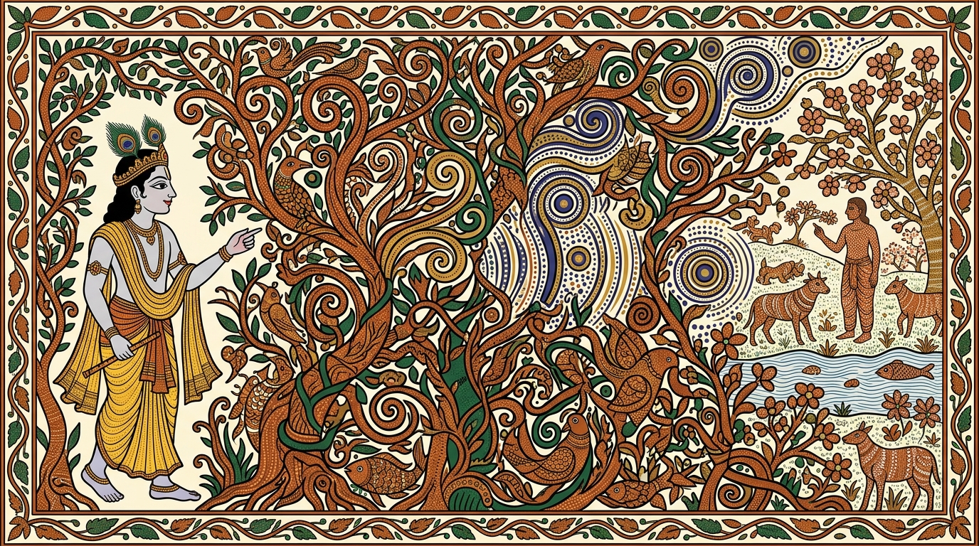 Gond-style painting of a person emerging from a dense forest into a sunlit clearing, illustrating the moment when the intellect crosses the thicket of delusion.