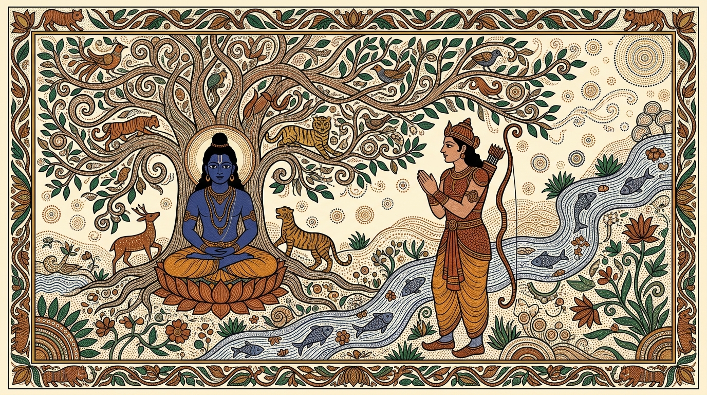 Gond-style painting of Arjuna sitting up and asking Krishna with genuine curiosity — what does a person of steady wisdom look like, how do they speak, sit, and walk?
