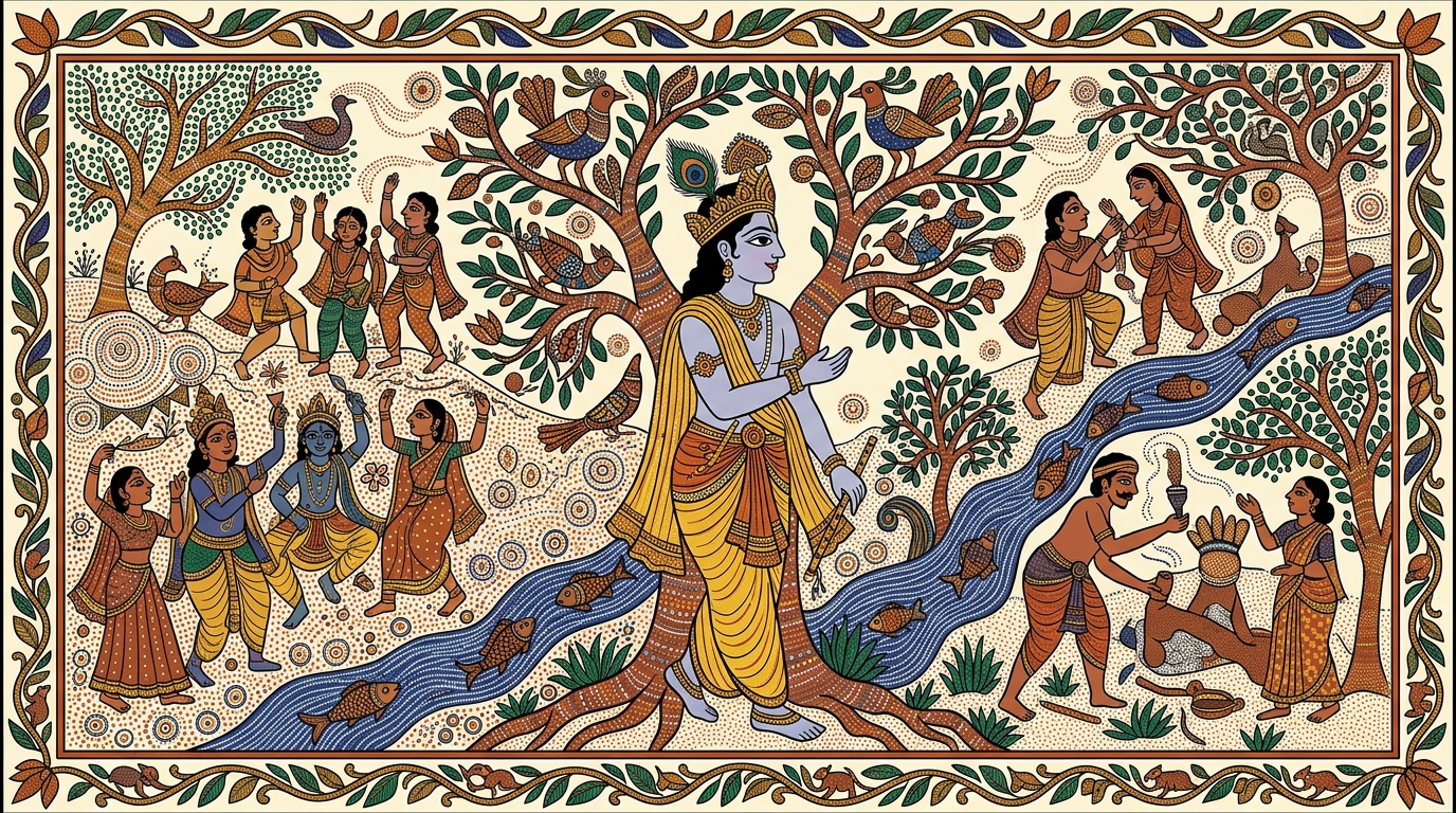 Gond-style painting of a letter arriving from the State Art Council, received with neither wild excitement nor disappointment — illustrating the one who is equal in good and bad fortune.