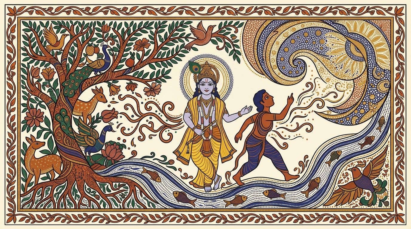 Gond-style painting of the rishi Dadhichi meditating at the edge of a great forest near the Saraswati river, illustrating that sense objects turn away from the abstinent but the lingering taste only ceases upon seeing the Supreme.