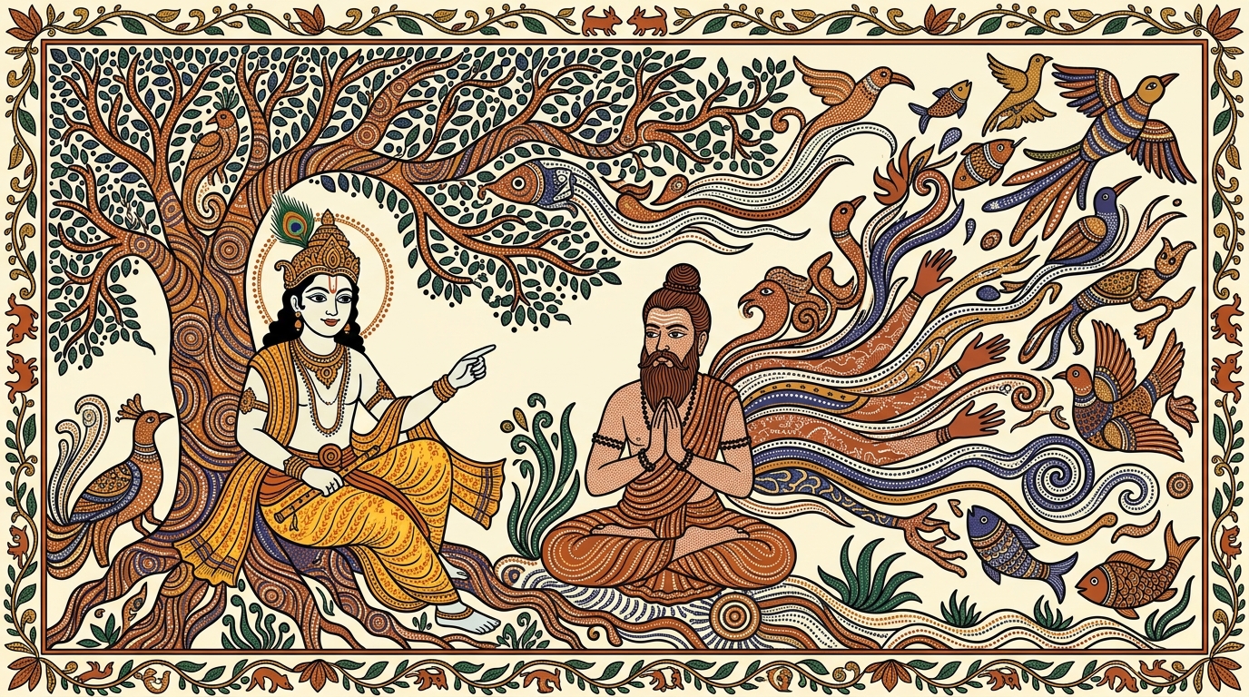Gond-style painting of a boy named Kabir trying to study the night before an exam but being pulled away by distractions, illustrating how turbulent senses carry away the mind.