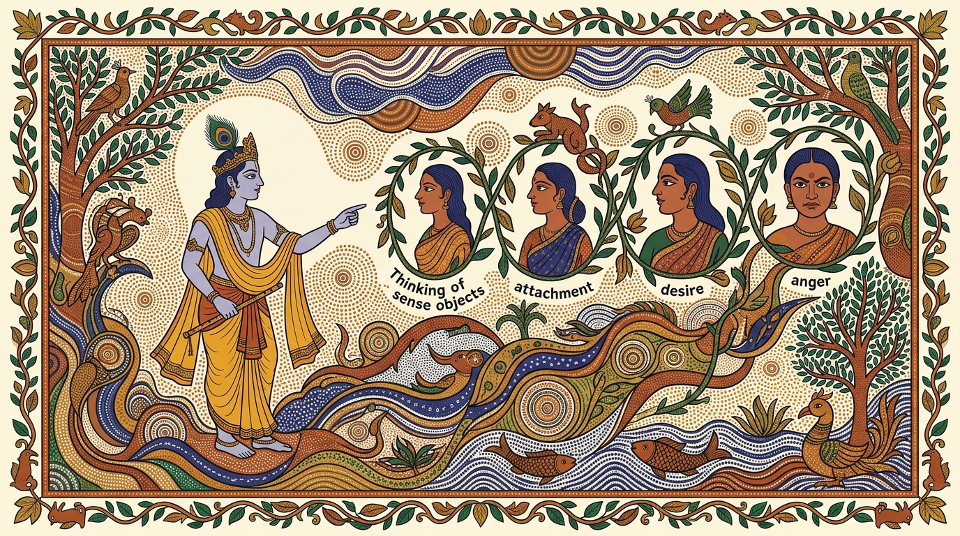Gond-style painting of Krishna pausing gravely before describing the chain of destruction — from thinking of sense objects comes attachment, from attachment desire, from desire anger.