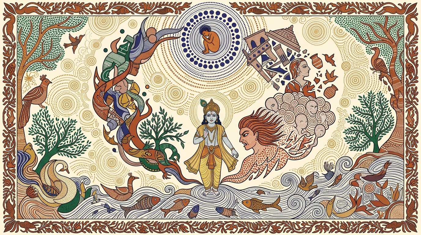 Gond-style painting of a downward spiral beginning with a single hurtful comment, illustrating how anger leads to delusion, then loss of memory, then destruction of intellect.