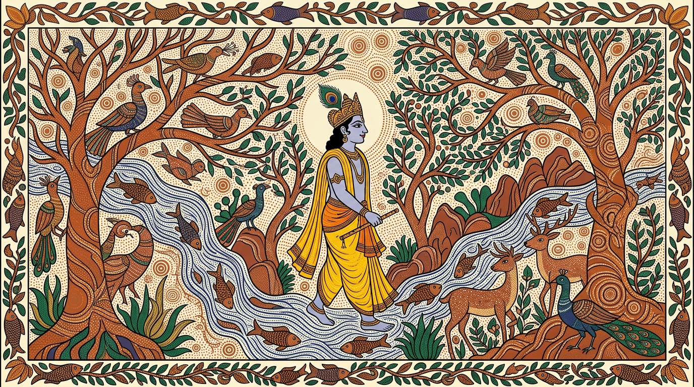 Gond-style painting of a grandmother walking calmly through a bustling bazaar, free from craving and aversion among all the tempting sense objects, illustrating self-mastery and serenity.